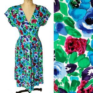Vintage 80s Dress Rayon Full Skirt Button Dress